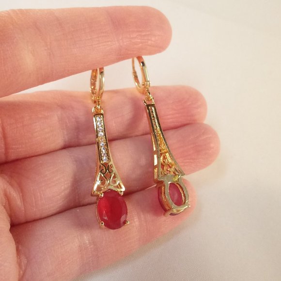 18K Yellow Gold Filled Ruby Red Diamond Zircon Swirl Dangle Earrings 1.86ctw ea - Picture 3 of 3